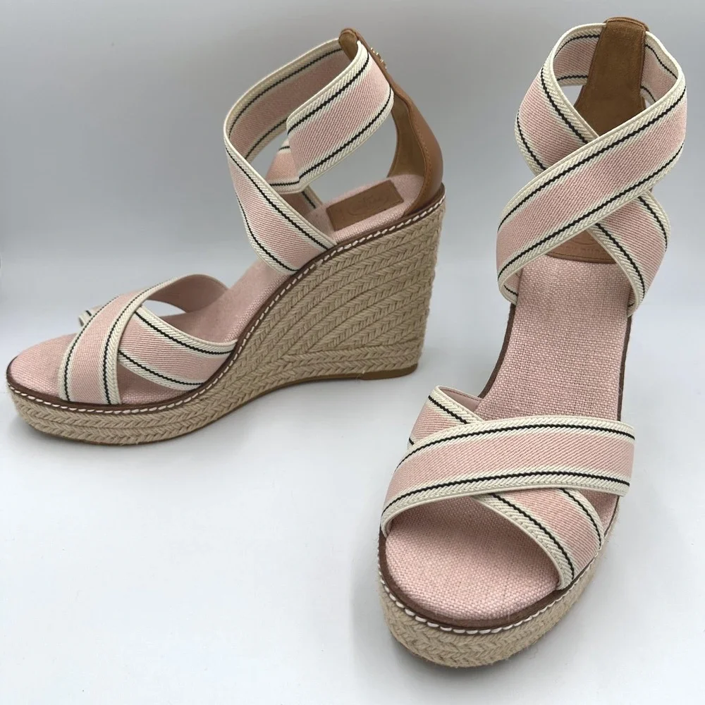 Tory Burch Frieda Espadrille Platform Wedge Sandals Pink Striped Canvas US 10‎
